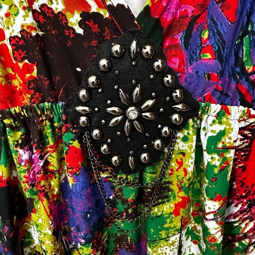 Calessa Beaded Dress Womens Size XL Vibrant Paint Splatter Floral Print V Neck - Picture 6 of 9